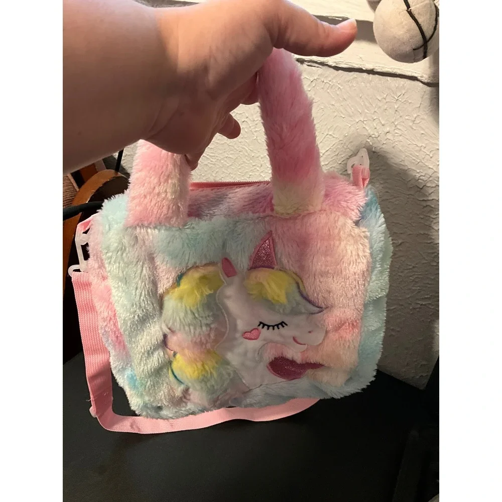 Kids Rainbow Tie Dye Faux Fur Unicorn Crossbody Bag Plush Tote Handbag Pink‎
